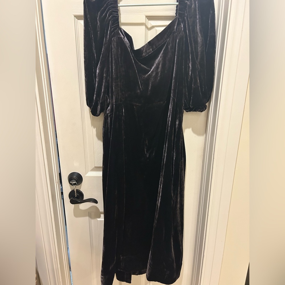 J. Crew Black Velvet Puff Sleeve Button Down Midi Dress